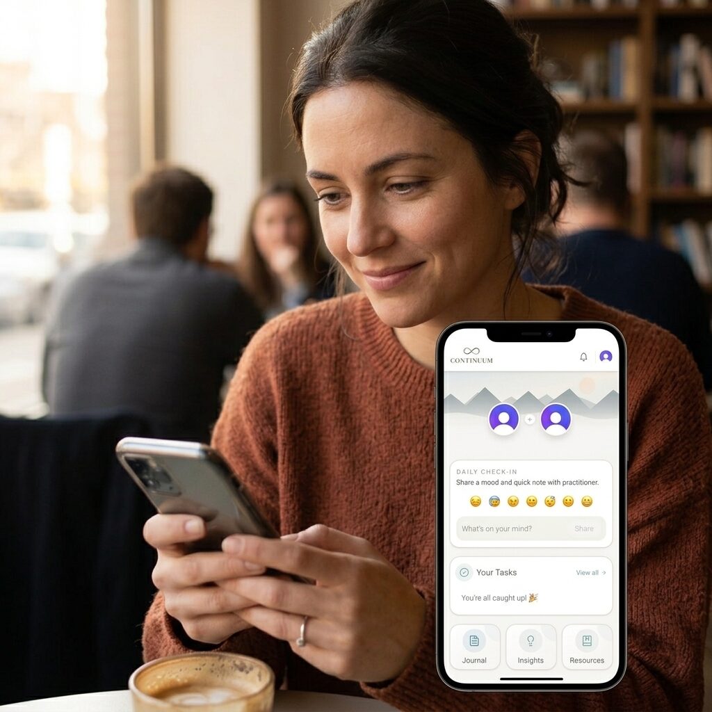 A client checking in on the Continuum companion app between sessions