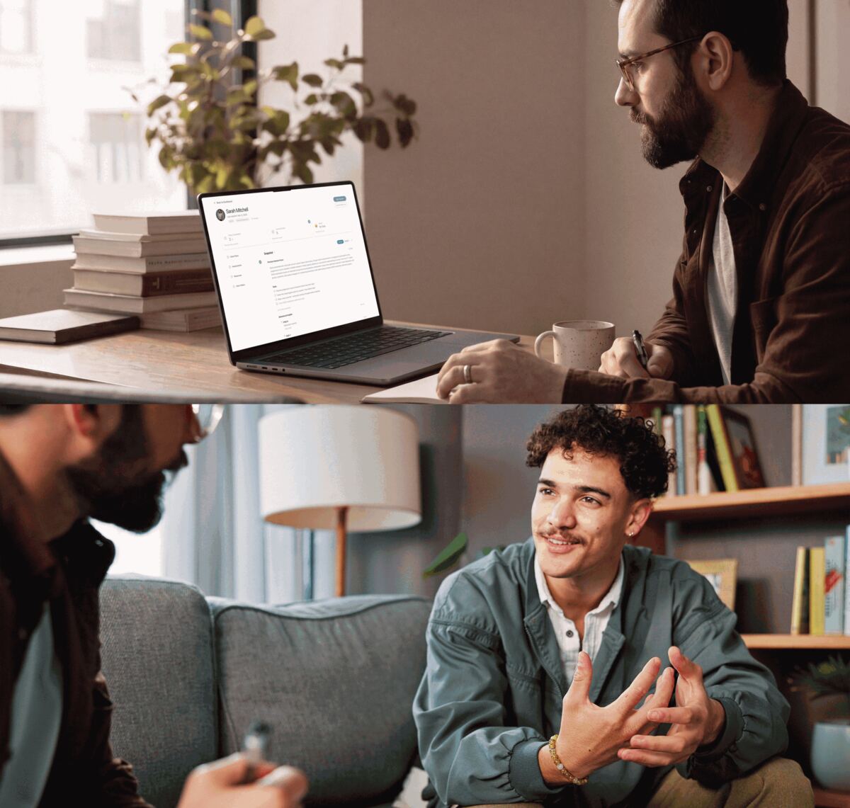 A practitioner reviewing a client's Continuum overview on a laptop, and later in session with that client