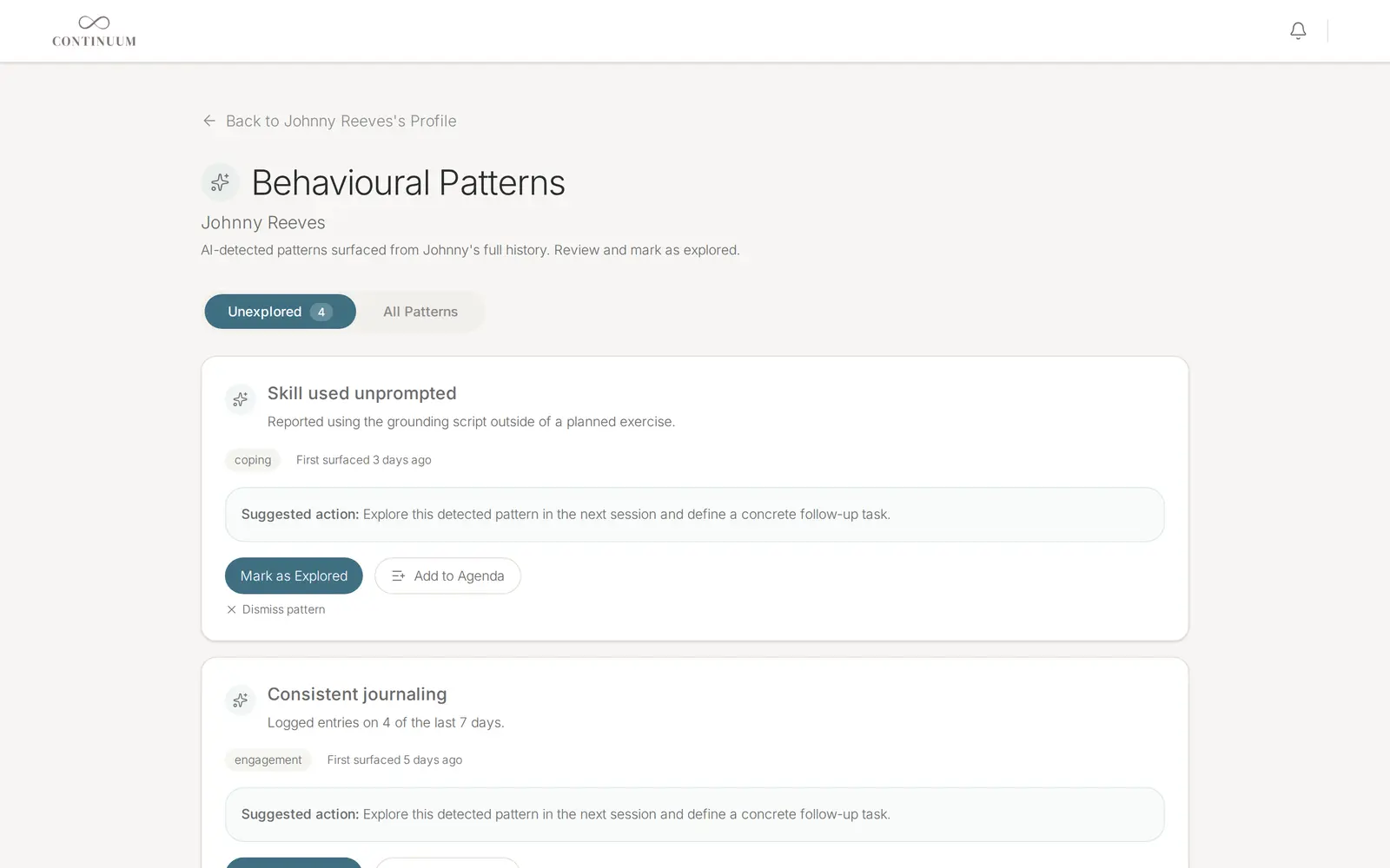 Behavioural patterns detected for a client, each with a suggested action for the next session.