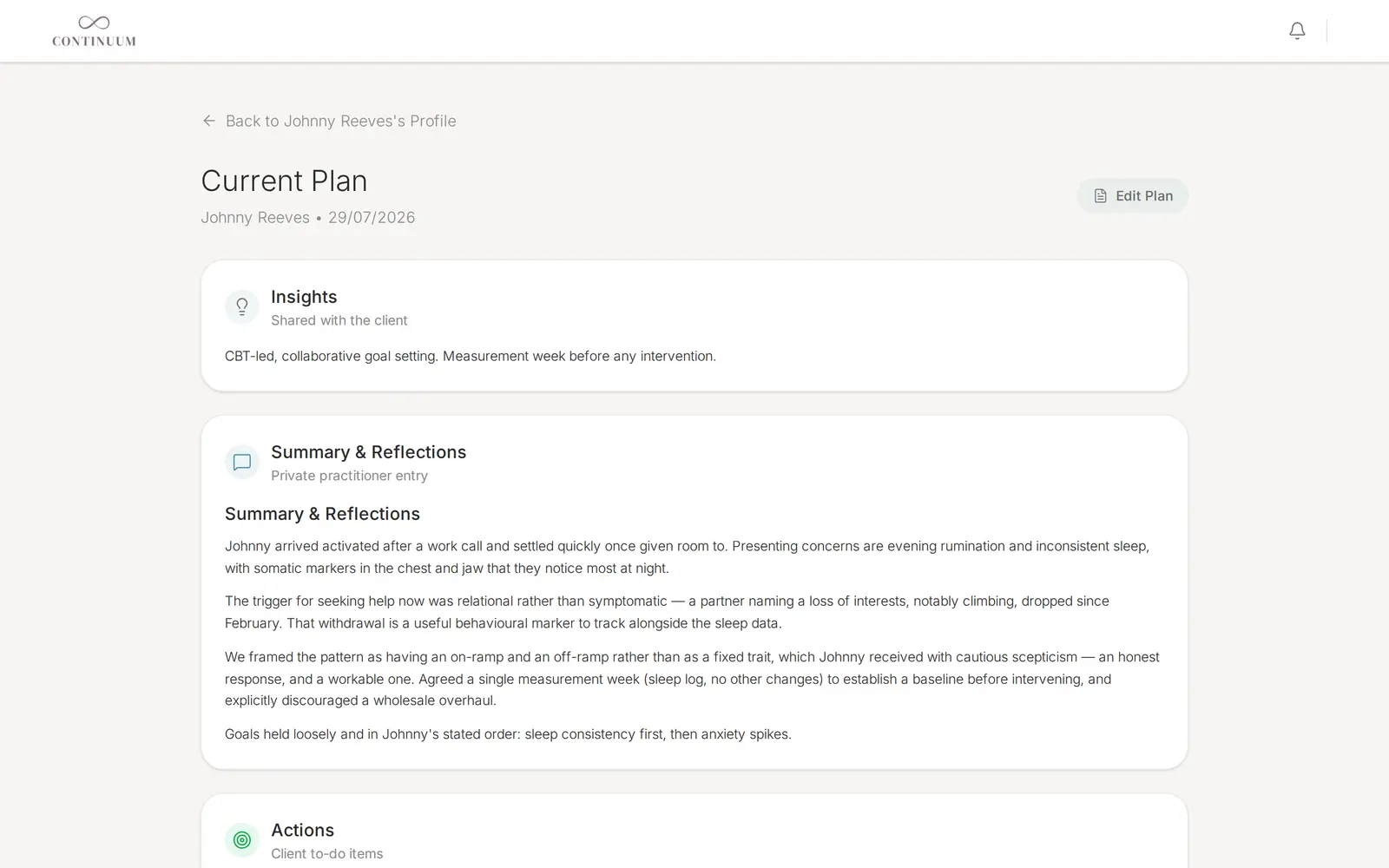 A client's current plan: shared insights, private reflections and the actions assigned to the client.