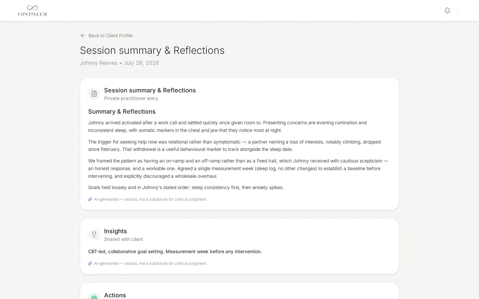 An AI-drafted session summary and reflections for a client, with the insights shared with them.